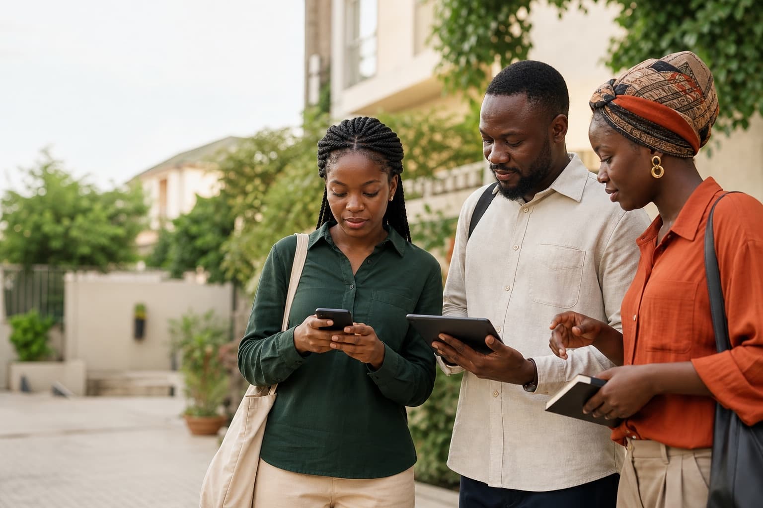 A field research team collecting survey data with a phone and tablet